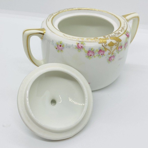 Antique Nippon Morimura Creamer Sugar Pink Cabbage Rose Gold Gilt Hand Painted - Picture 8 of 12